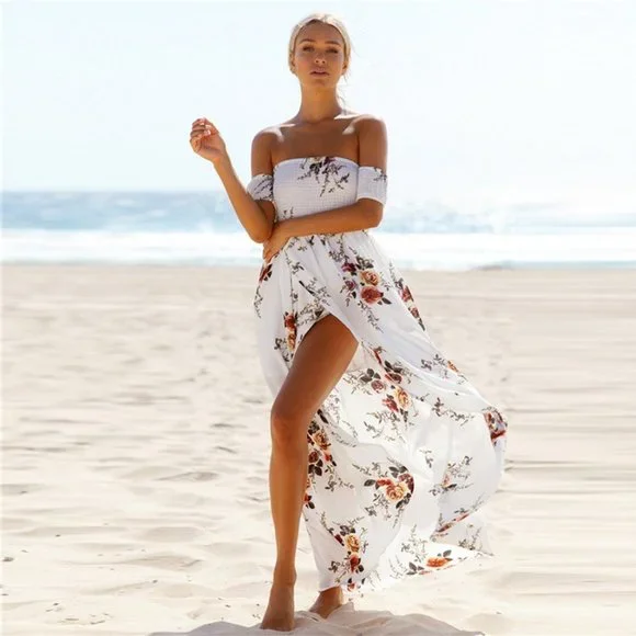 πHPπ White Boho Printed Floral Cover Up Beach Dress - Picture 1 of 7